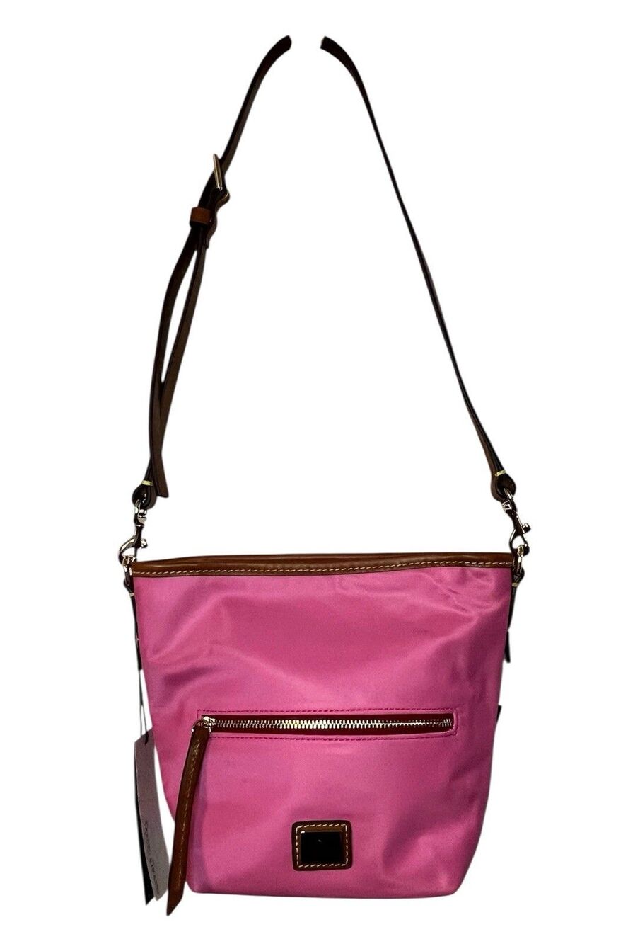 Dooney Bourke Pink Nylon Crossbody Shoulder Bag Brown Leather Trim Duck Logo NWT - Picture 2 of 16